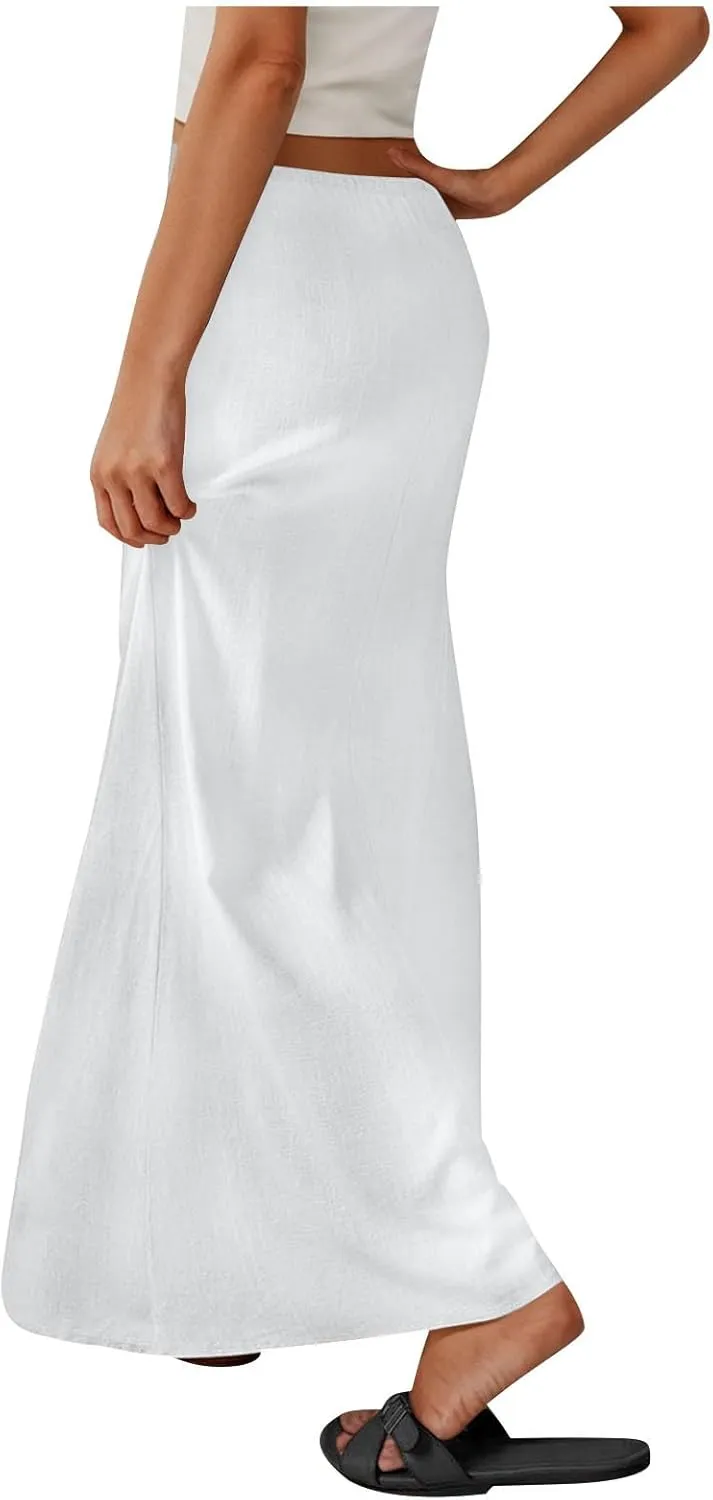 Linen Skirts for Women Summer Trendy Drawstring Low Waist A Line Skirt Casual Loose Flowy Beach Vacation Boho Skirts