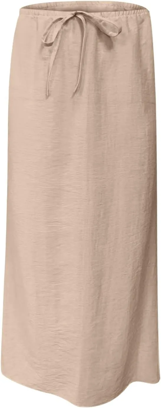 Linen Skirts for Women Summer Trendy Drawstring Low Waist A Line Skirt Casual Loose Flowy Beach Vacation Boho Skirts