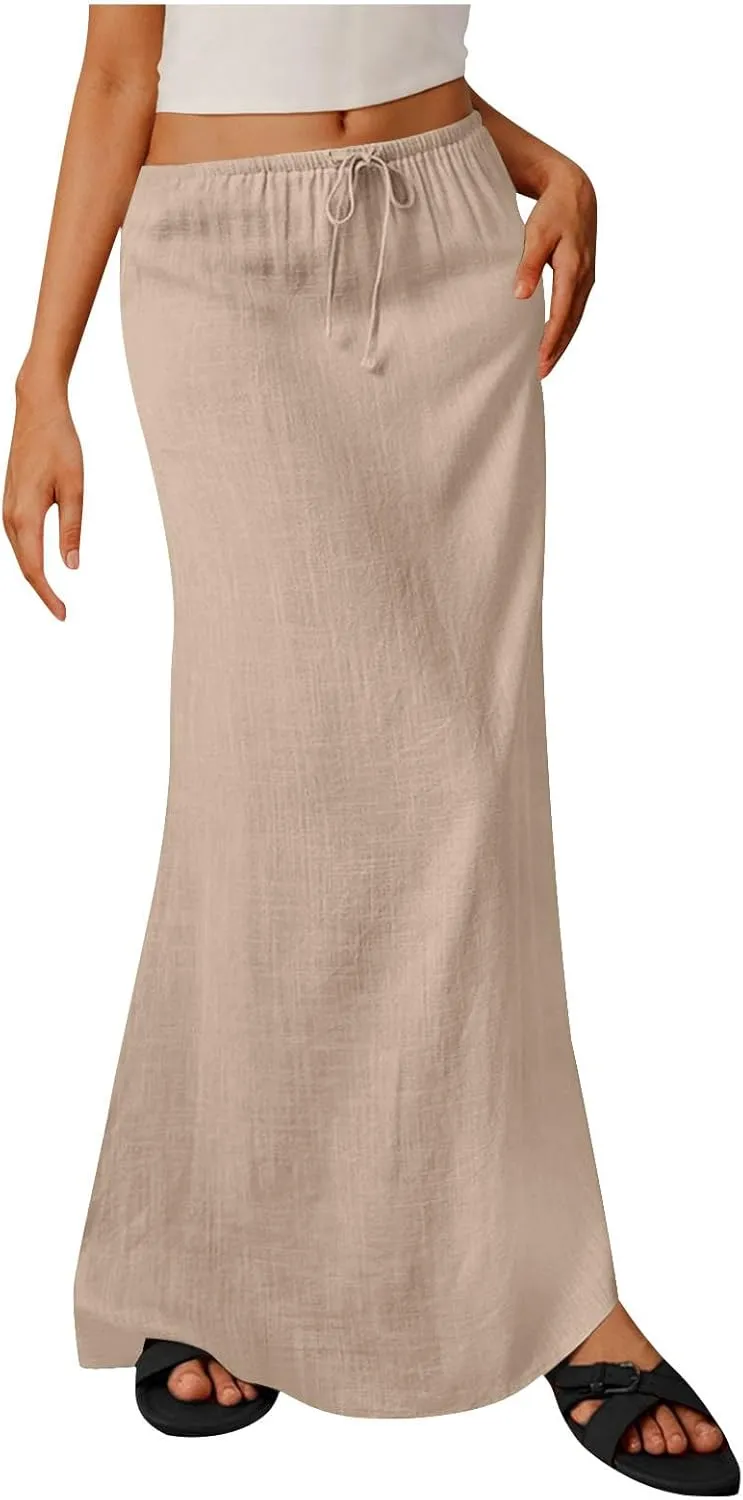 Linen Skirts for Women Summer Trendy Drawstring Low Waist A Line Skirt Casual Loose Flowy Beach Vacation Boho Skirts