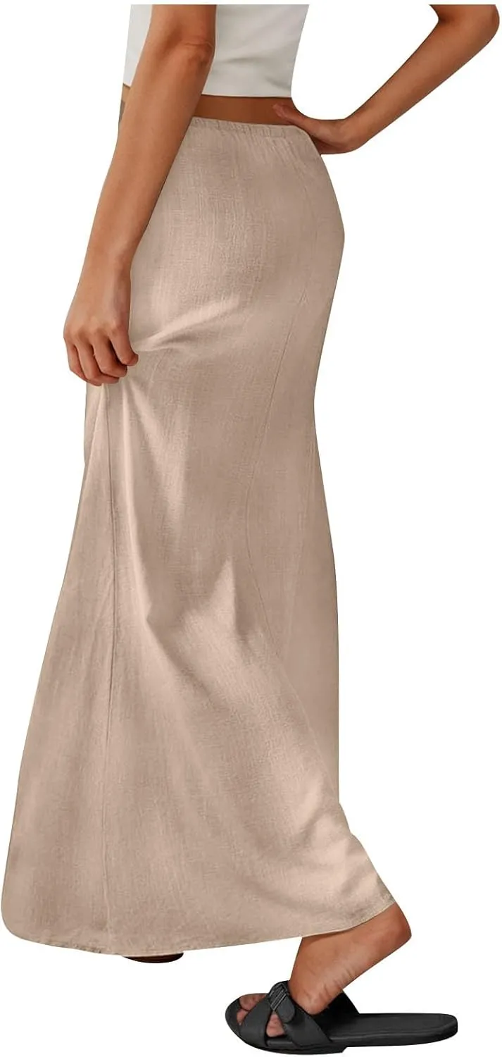 Linen Skirts for Women Summer Trendy Drawstring Low Waist A Line Skirt Casual Loose Flowy Beach Vacation Boho Skirts
