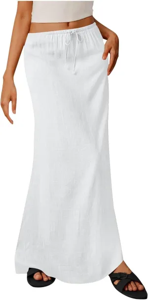 Linen Skirts for Women Summer Trendy Drawstring Low Waist A Line Skirt Casual Loose Flowy Beach Vacation Boho Skirts