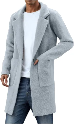 Long Cardigans for Men Fuzzy Cardigan Jacket Lapel Long Sleeve Cardigan Casual Trench Coat with Pockets