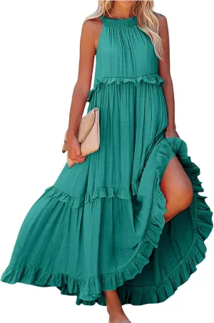 Long Dresses for Women Sleeveless Smocked Ruffle Halter Neck Maxi Dress Summer Tiered Flowy Swing A Line Sundresses