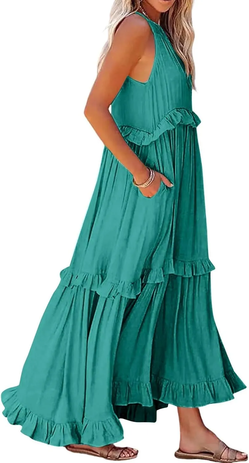 Long Dresses for Women Sleeveless Smocked Ruffle Halter Neck Maxi Dress Summer Tiered Flowy Swing A Line Sundresses