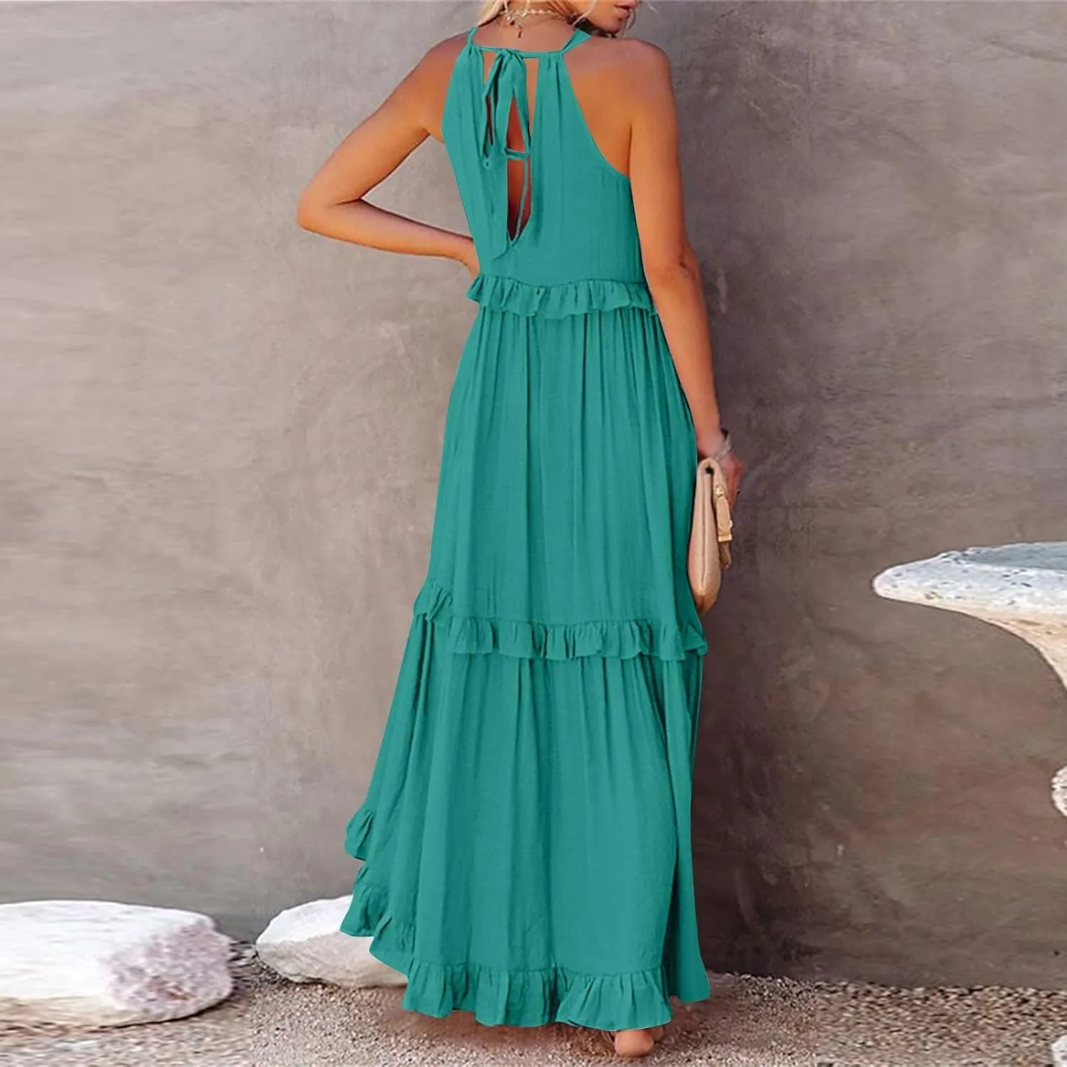 Long Dresses for Women Sleeveless Smocked Ruffle Halter Neck Maxi Dress Summer Tiered Flowy Swing A Line Sundresses