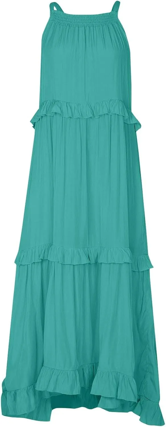 Long Dresses for Women Sleeveless Smocked Ruffle Halter Neck Maxi Dress Summer Tiered Flowy Swing A Line Sundresses
