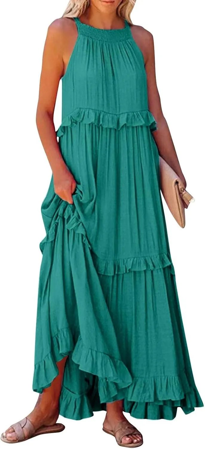 Long Dresses for Women Sleeveless Smocked Ruffle Halter Neck Maxi Dress Summer Tiered Flowy Swing A Line Sundresses