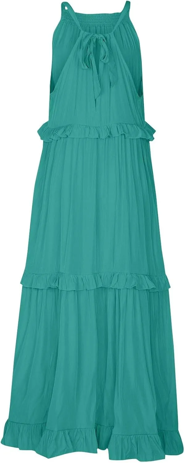 Long Dresses for Women Sleeveless Smocked Ruffle Halter Neck Maxi Dress Summer Tiered Flowy Swing A Line Sundresses