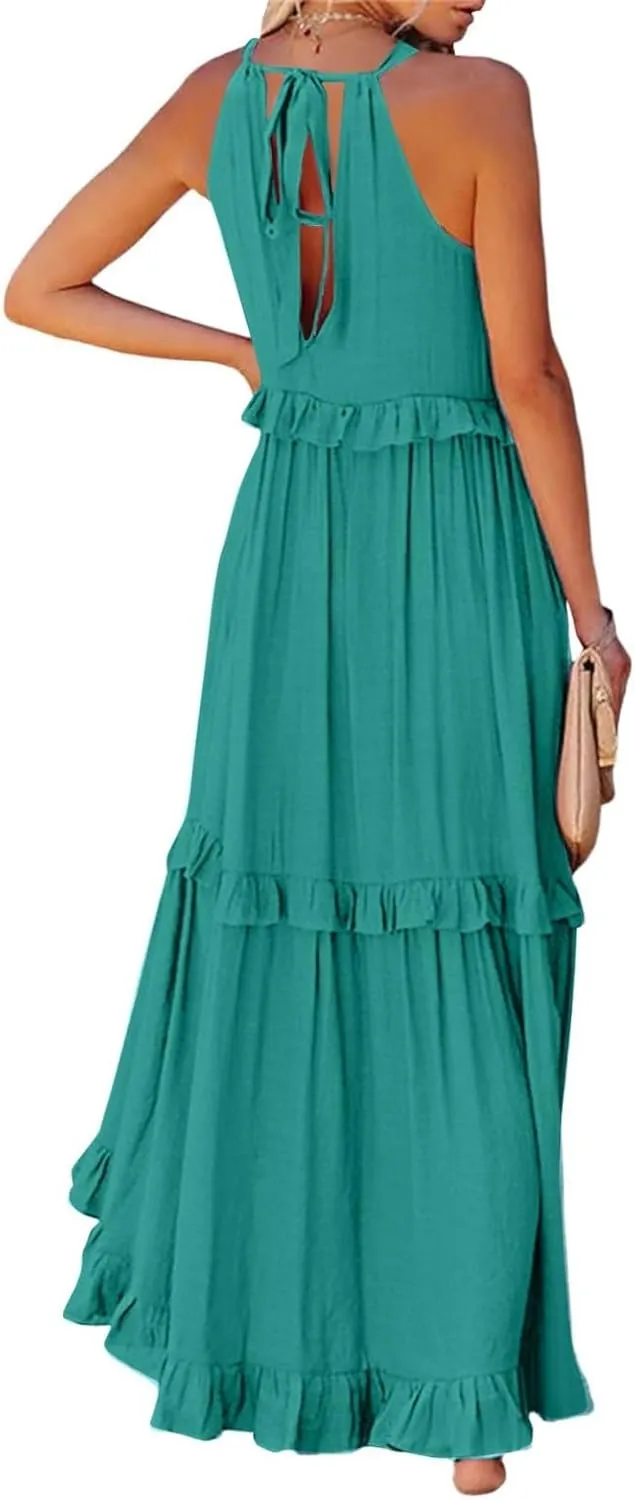 Long Dresses for Women Sleeveless Smocked Ruffle Halter Neck Maxi Dress Summer Tiered Flowy Swing A Line Sundresses