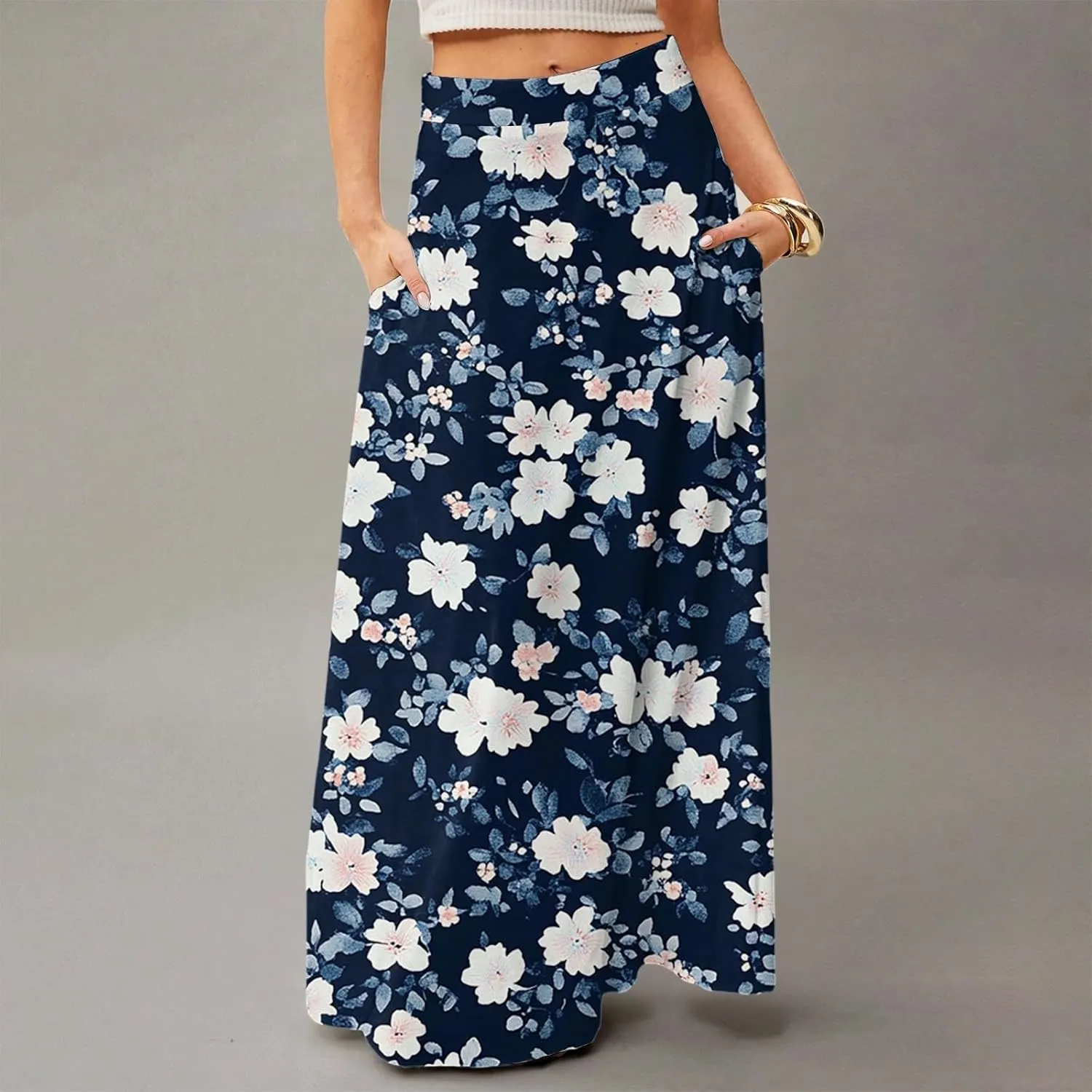 Long Skirts for Women Casual High Waist Maxi Skirt Flowy Aline Boho Beach Vacation Skirts with Pockets
