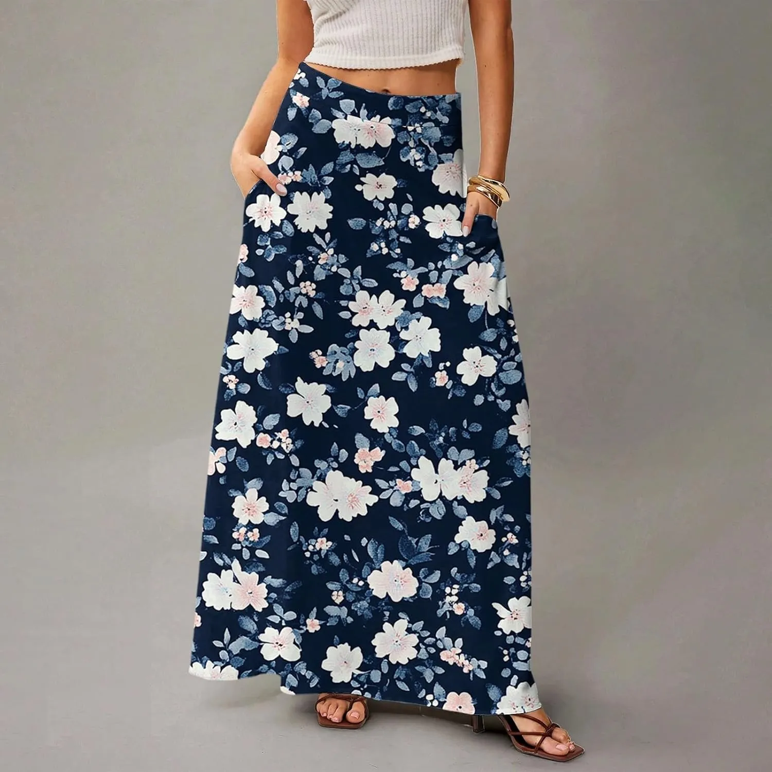 Long Skirts for Women Casual High Waist Maxi Skirt Flowy Aline Boho Beach Vacation Skirts with Pockets