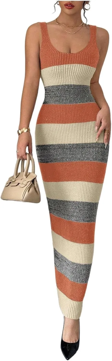MakeMeChic Women's Colorblock Striped Sweater Dress Scoop Neck Bodycon Tank Maxi Dresses