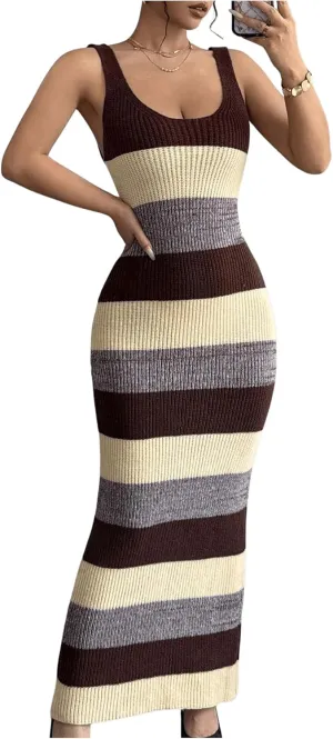 MakeMeChic Women's Colorblock Striped Sweater Dress Scoop Neck Bodycon Tank Maxi Dresses