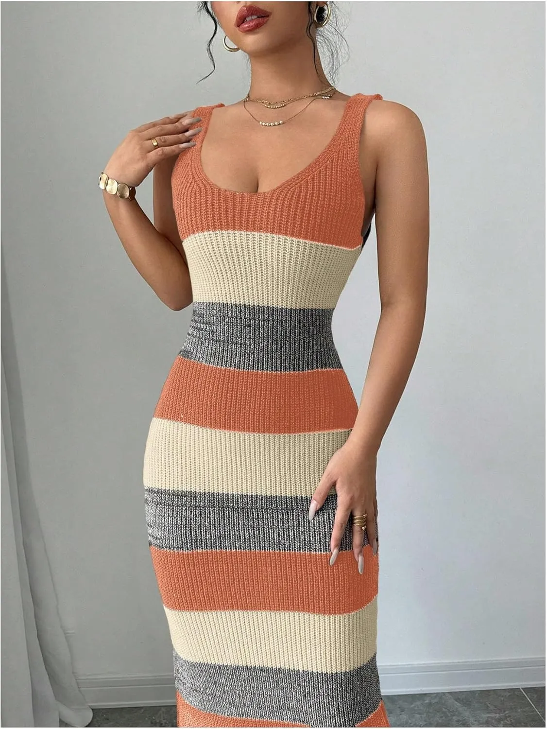MakeMeChic Women's Colorblock Striped Sweater Dress Scoop Neck Bodycon Tank Maxi Dresses