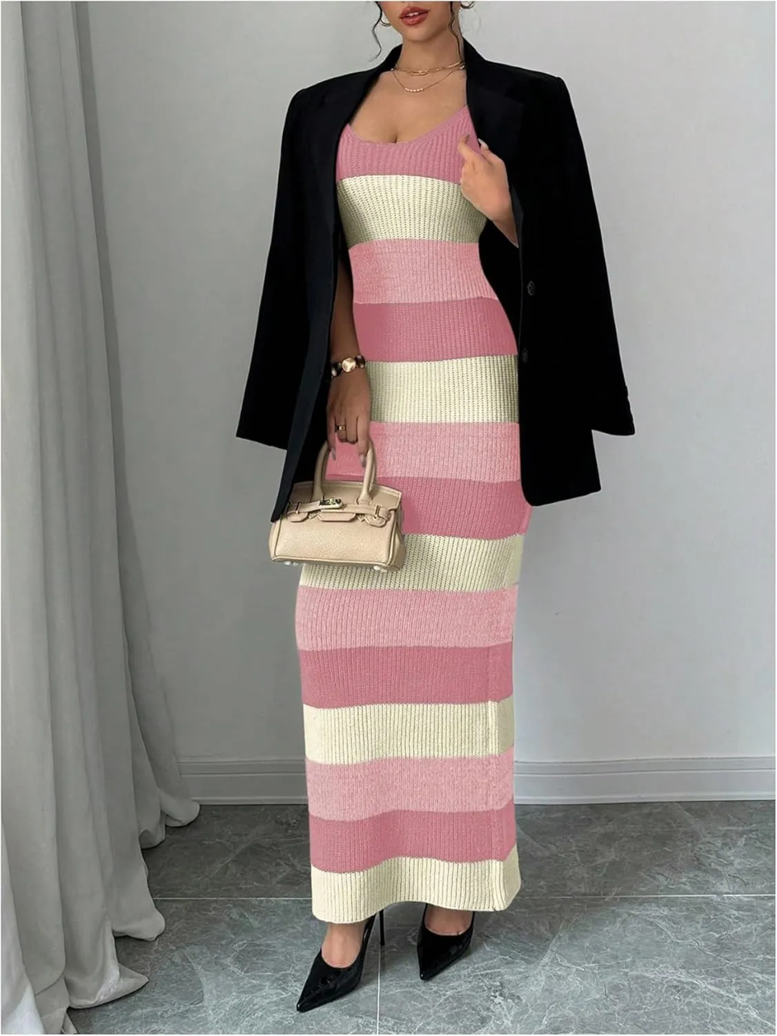 MakeMeChic Women's Colorblock Striped Sweater Dress Scoop Neck Bodycon Tank Maxi Dresses
