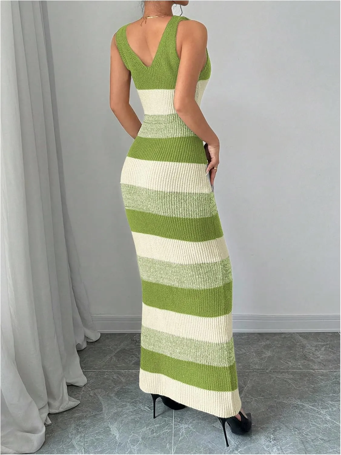 MakeMeChic Women's Colorblock Striped Sweater Dress Scoop Neck Bodycon Tank Maxi Dresses