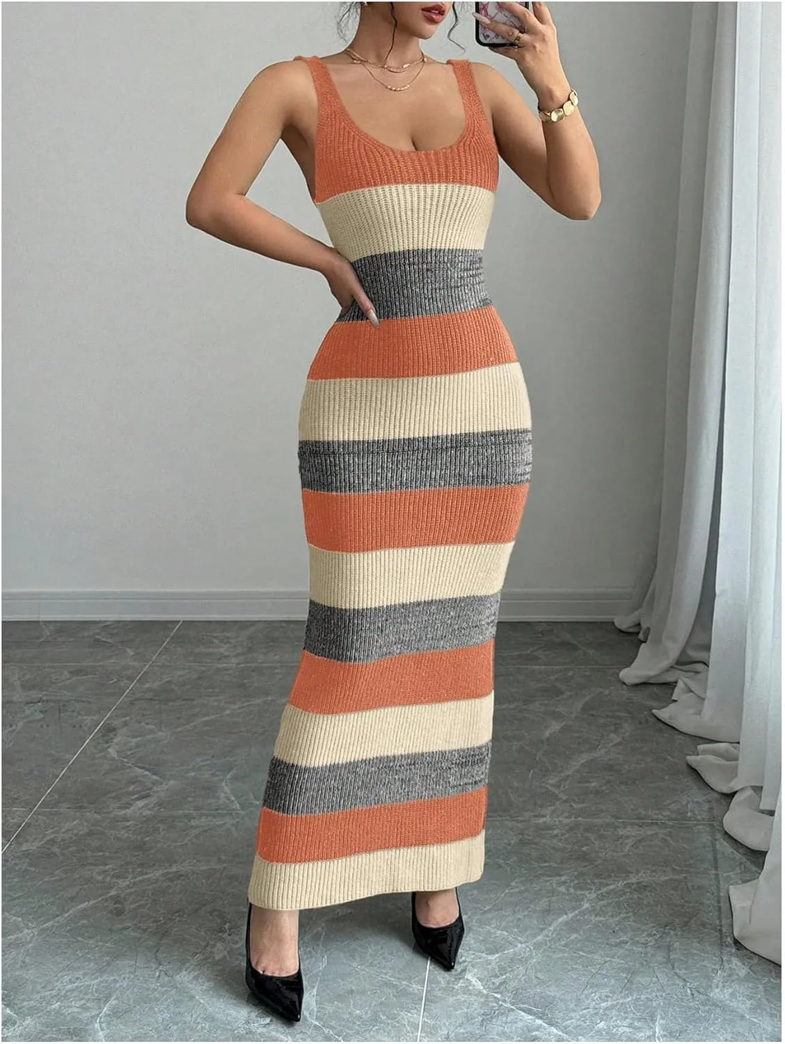 MakeMeChic Women's Colorblock Striped Sweater Dress Scoop Neck Bodycon Tank Maxi Dresses