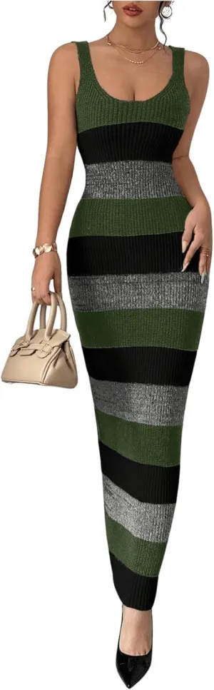 MakeMeChic Women's Colorblock Striped Sweater Dress Scoop Neck Bodycon Tank Maxi Dresses