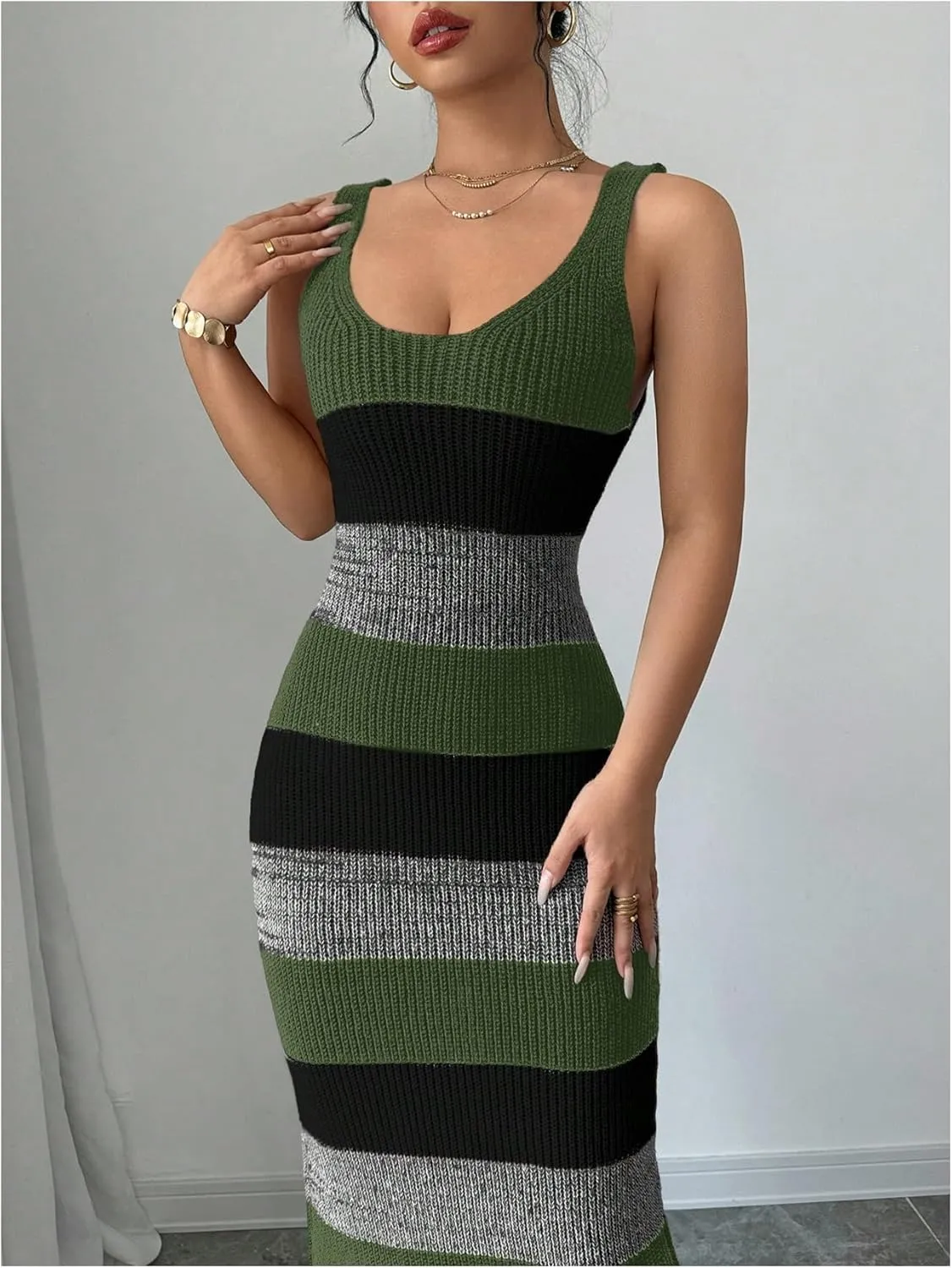 MakeMeChic Women's Colorblock Striped Sweater Dress Scoop Neck Bodycon Tank Maxi Dresses