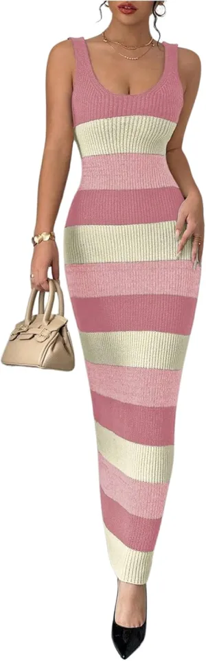 MakeMeChic Women's Colorblock Striped Sweater Dress Scoop Neck Bodycon Tank Maxi Dresses