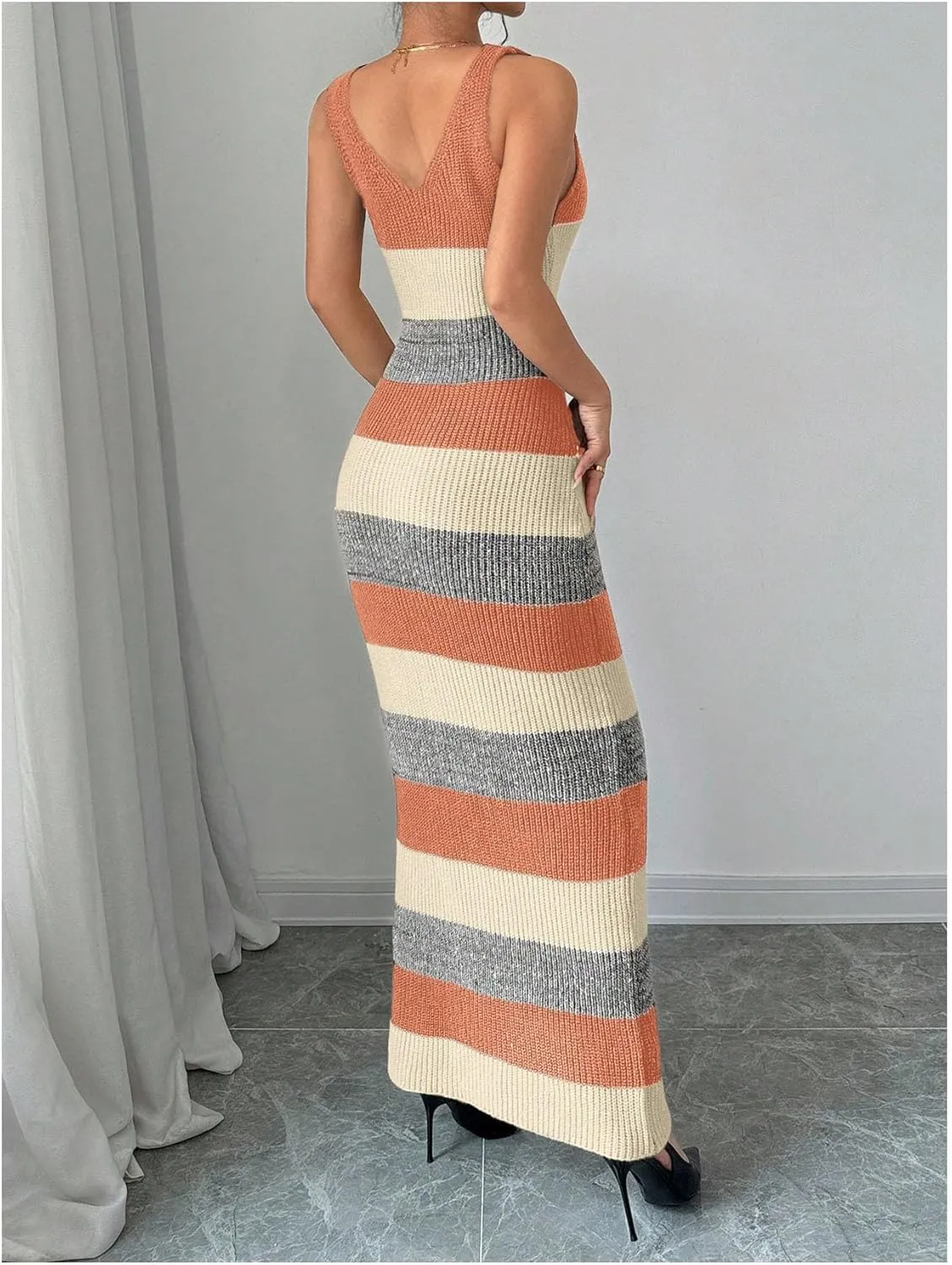 MakeMeChic Women's Colorblock Striped Sweater Dress Scoop Neck Bodycon Tank Maxi Dresses