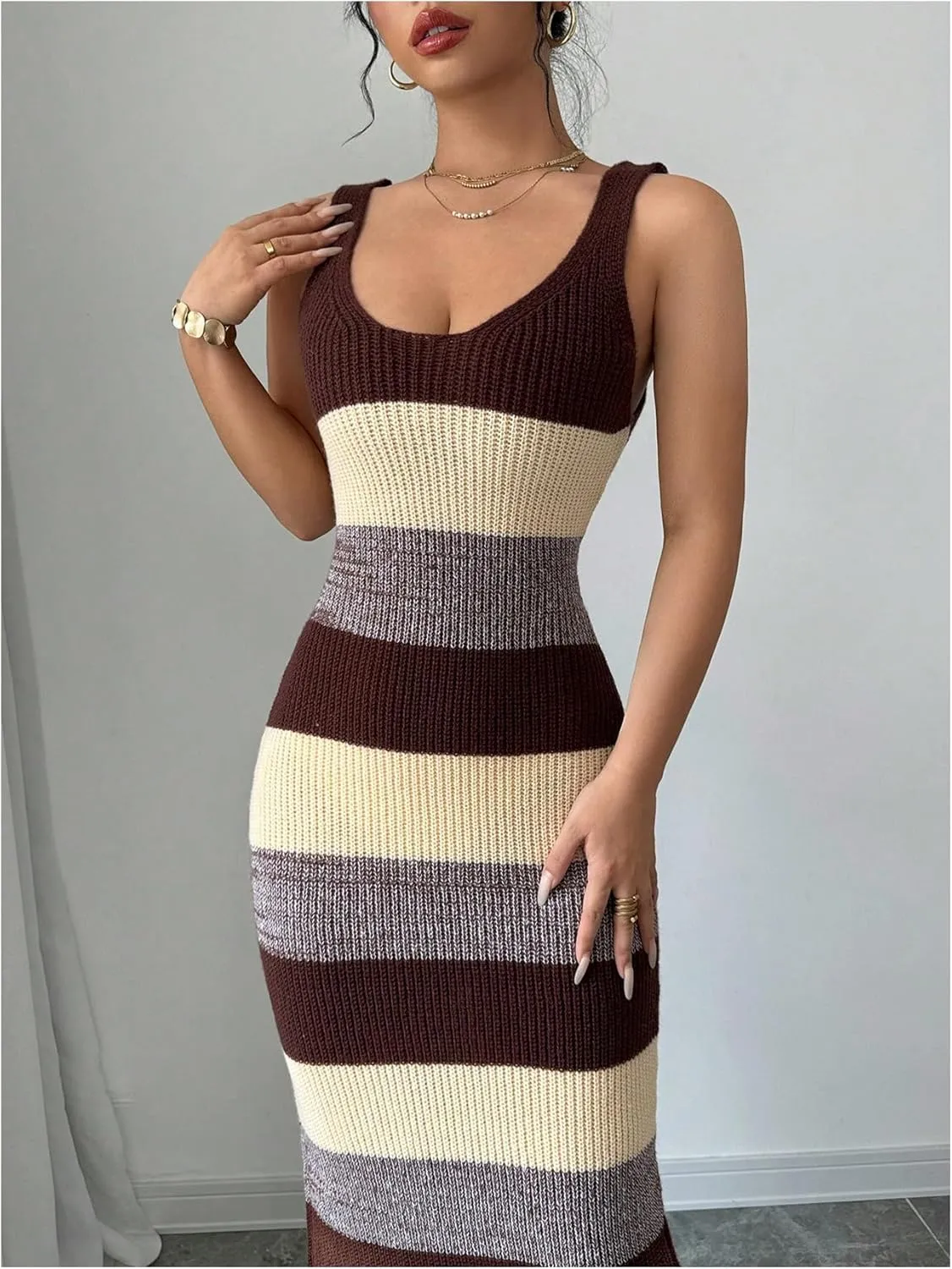 MakeMeChic Women's Colorblock Striped Sweater Dress Scoop Neck Bodycon Tank Maxi Dresses
