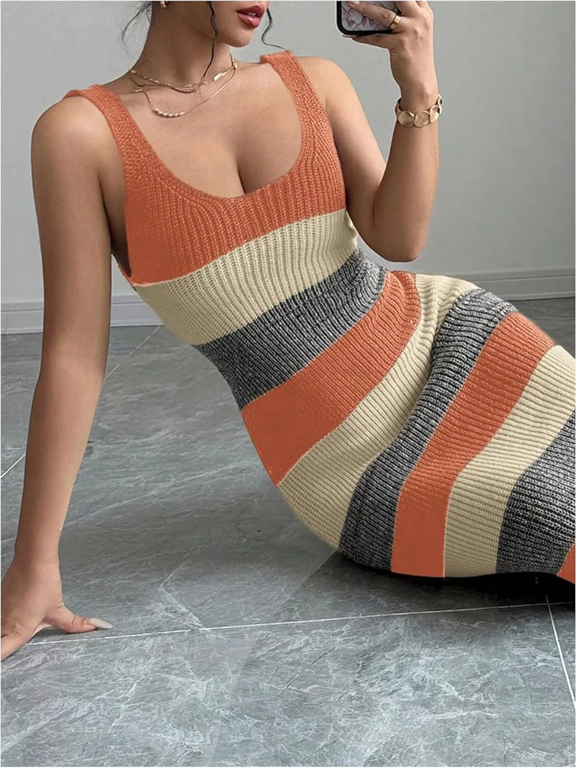 MakeMeChic Women's Colorblock Striped Sweater Dress Scoop Neck Bodycon Tank Maxi Dresses