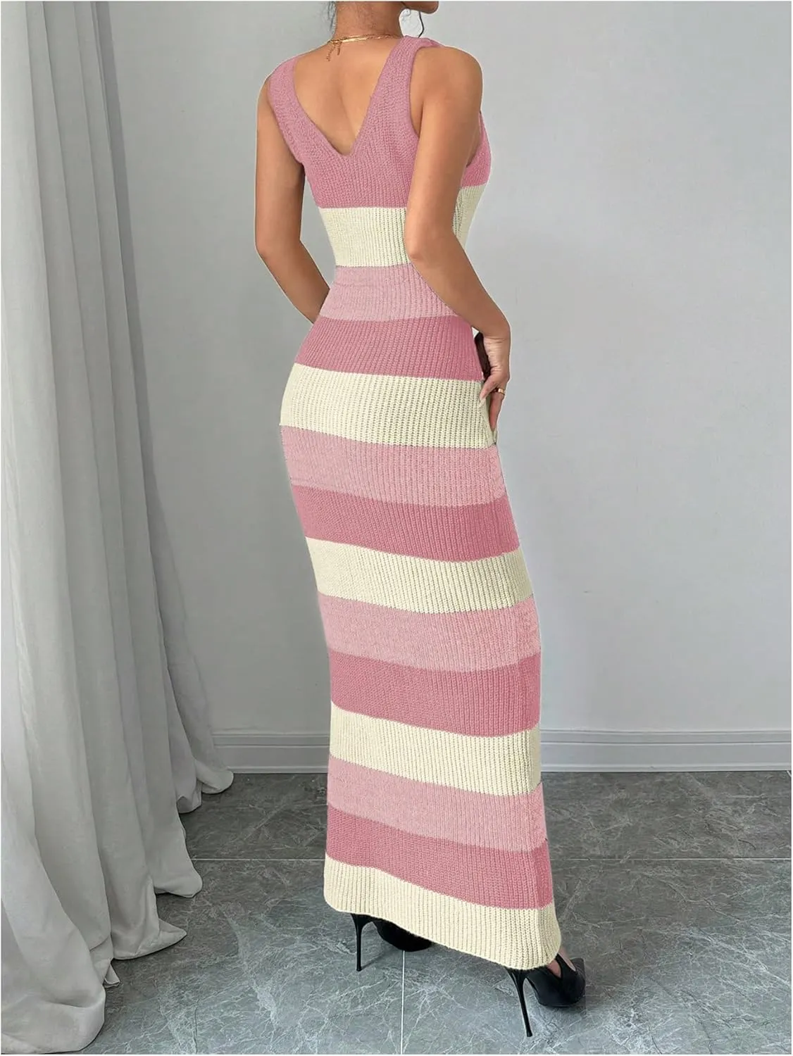 MakeMeChic Women's Colorblock Striped Sweater Dress Scoop Neck Bodycon Tank Maxi Dresses