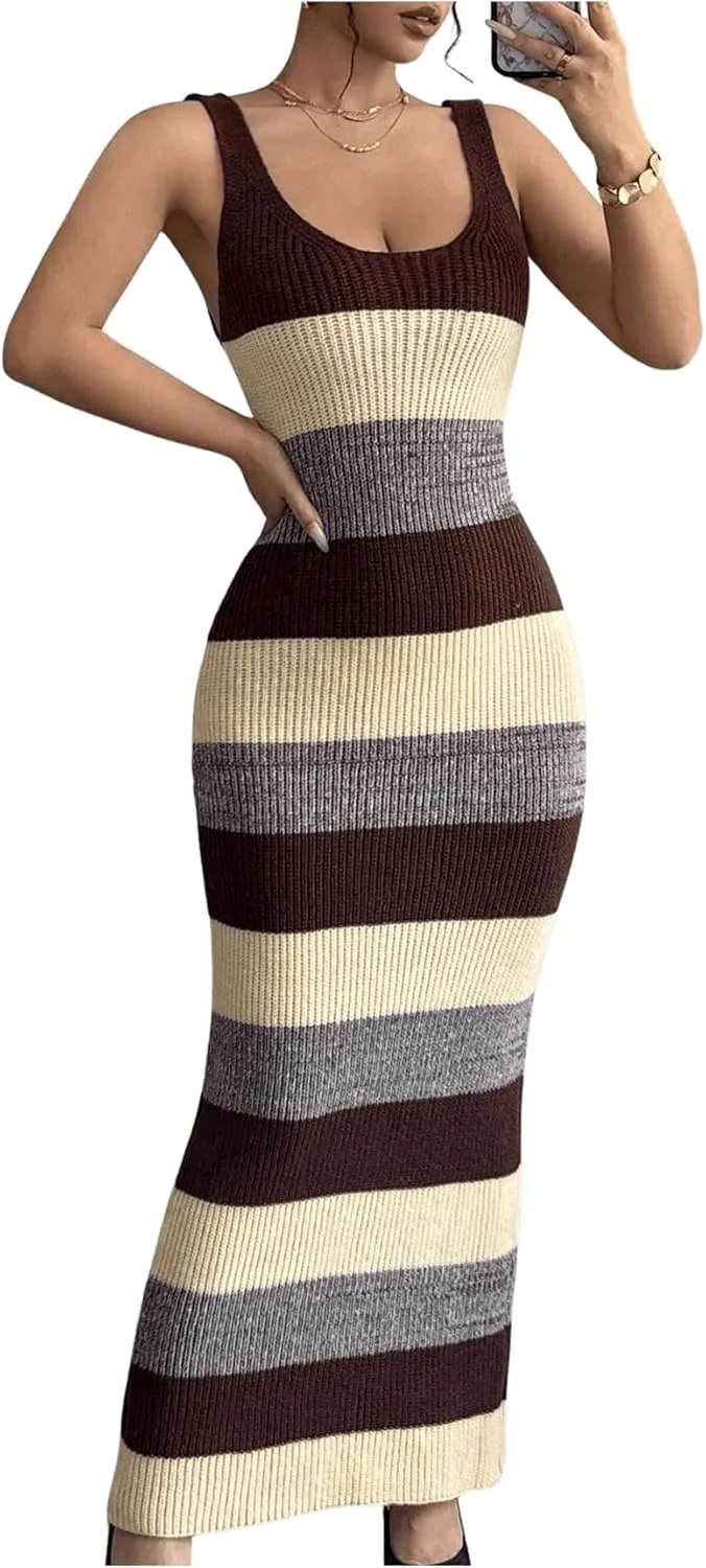 MakeMeChic Women's Colorblock Striped Sweater Dress Scoop Neck Bodycon Tank Maxi Dresses