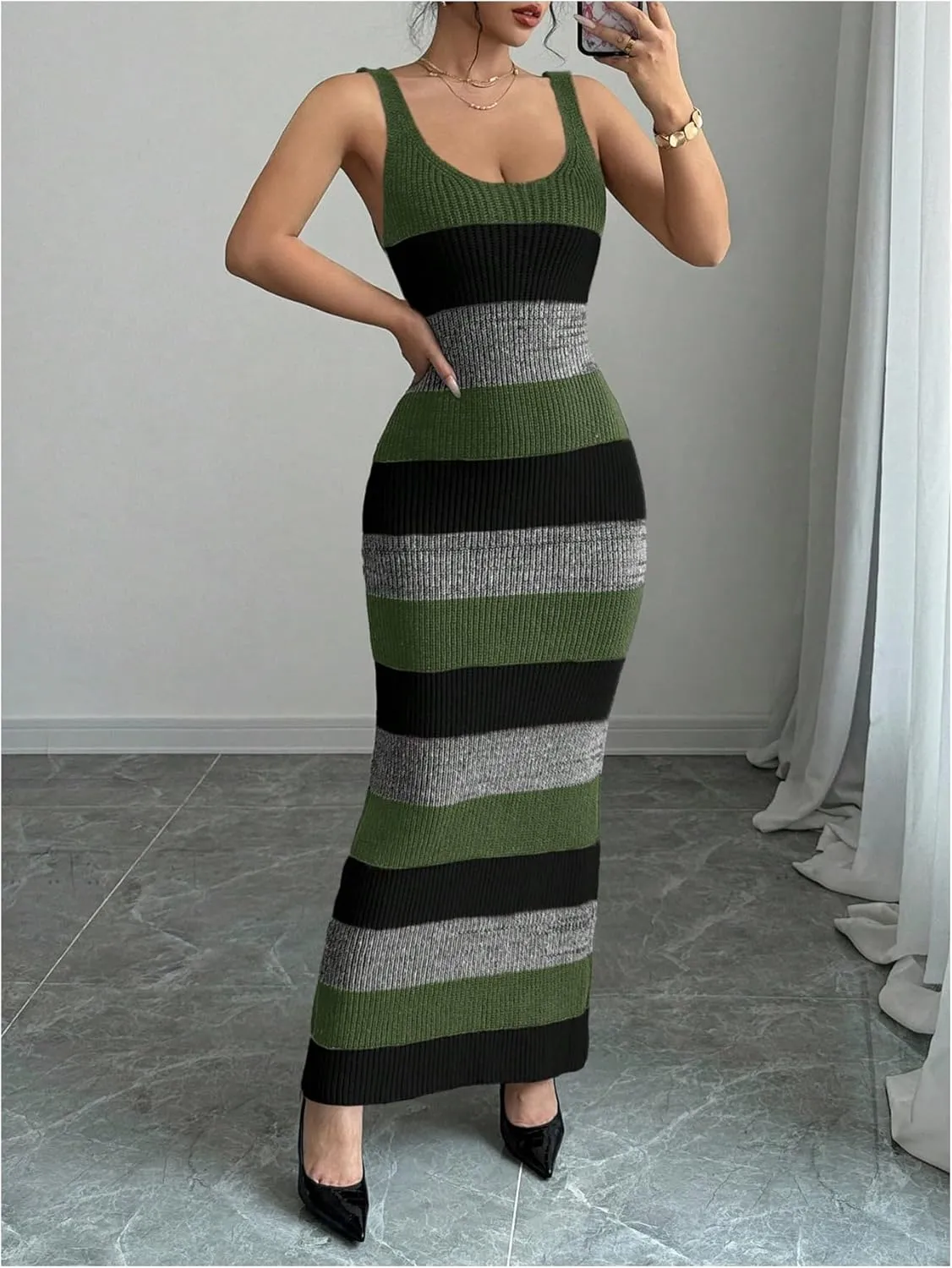 MakeMeChic Women's Colorblock Striped Sweater Dress Scoop Neck Bodycon Tank Maxi Dresses
