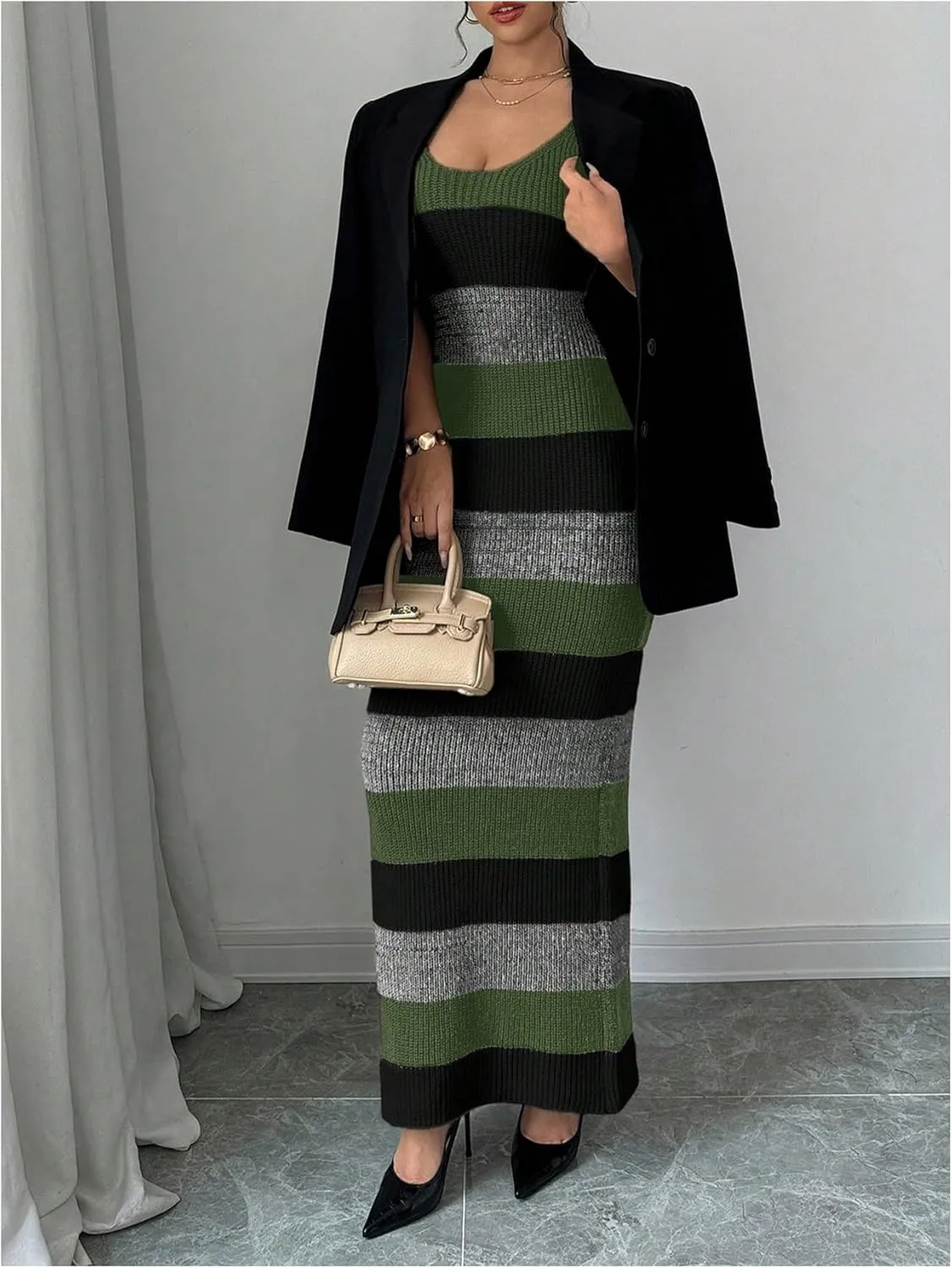MakeMeChic Women's Colorblock Striped Sweater Dress Scoop Neck Bodycon Tank Maxi Dresses