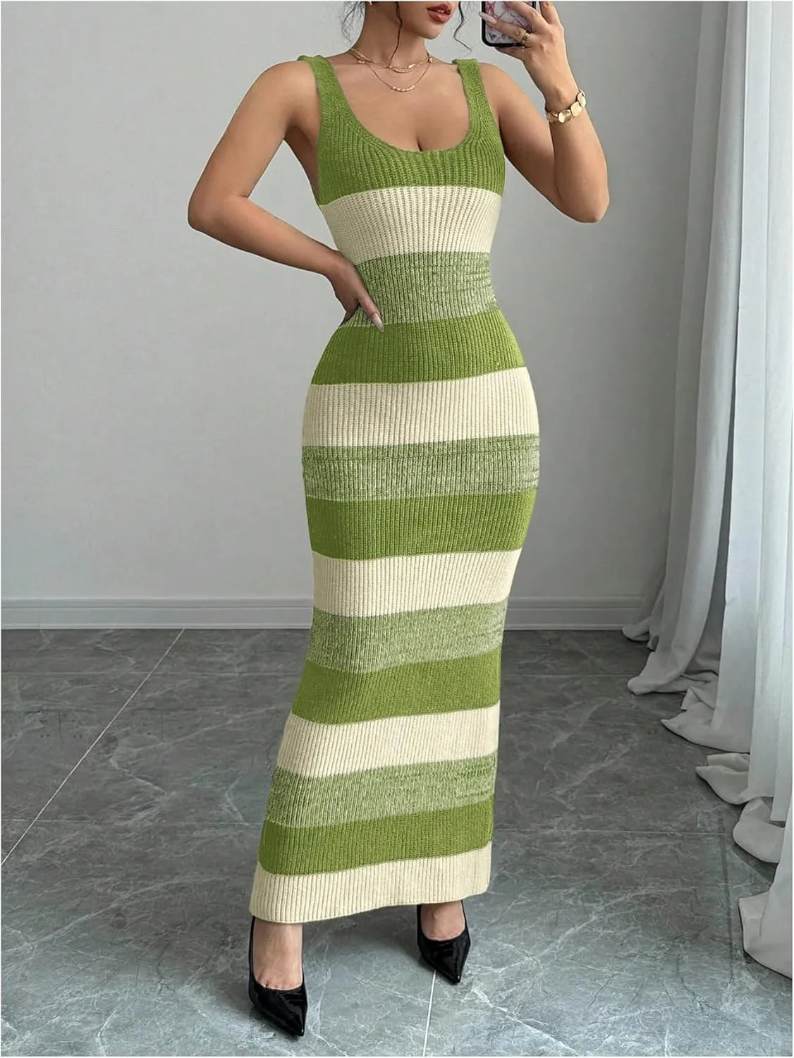 MakeMeChic Women's Colorblock Striped Sweater Dress Scoop Neck Bodycon Tank Maxi Dresses
