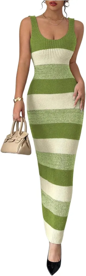 MakeMeChic Women's Colorblock Striped Sweater Dress Scoop Neck Bodycon Tank Maxi Dresses