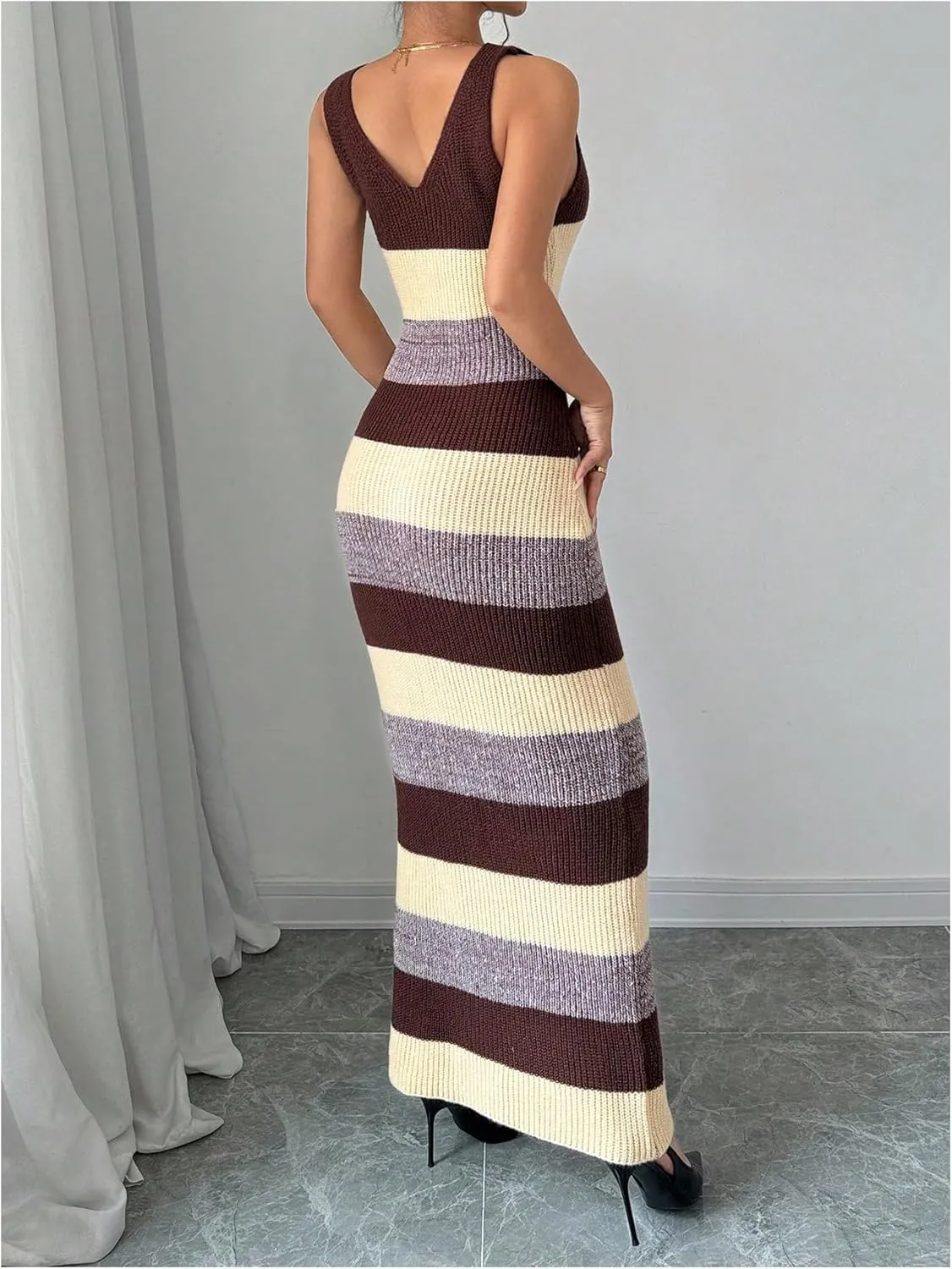 MakeMeChic Women's Colorblock Striped Sweater Dress Scoop Neck Bodycon Tank Maxi Dresses