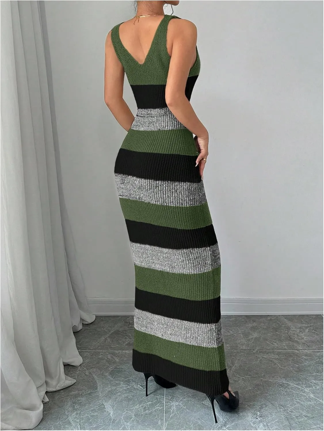 MakeMeChic Women's Colorblock Striped Sweater Dress Scoop Neck Bodycon Tank Maxi Dresses