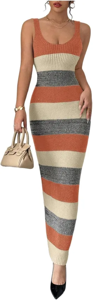 MakeMeChic Women's Colorblock Striped Sweater Dress Scoop Neck Bodycon Tank Maxi Dresses
