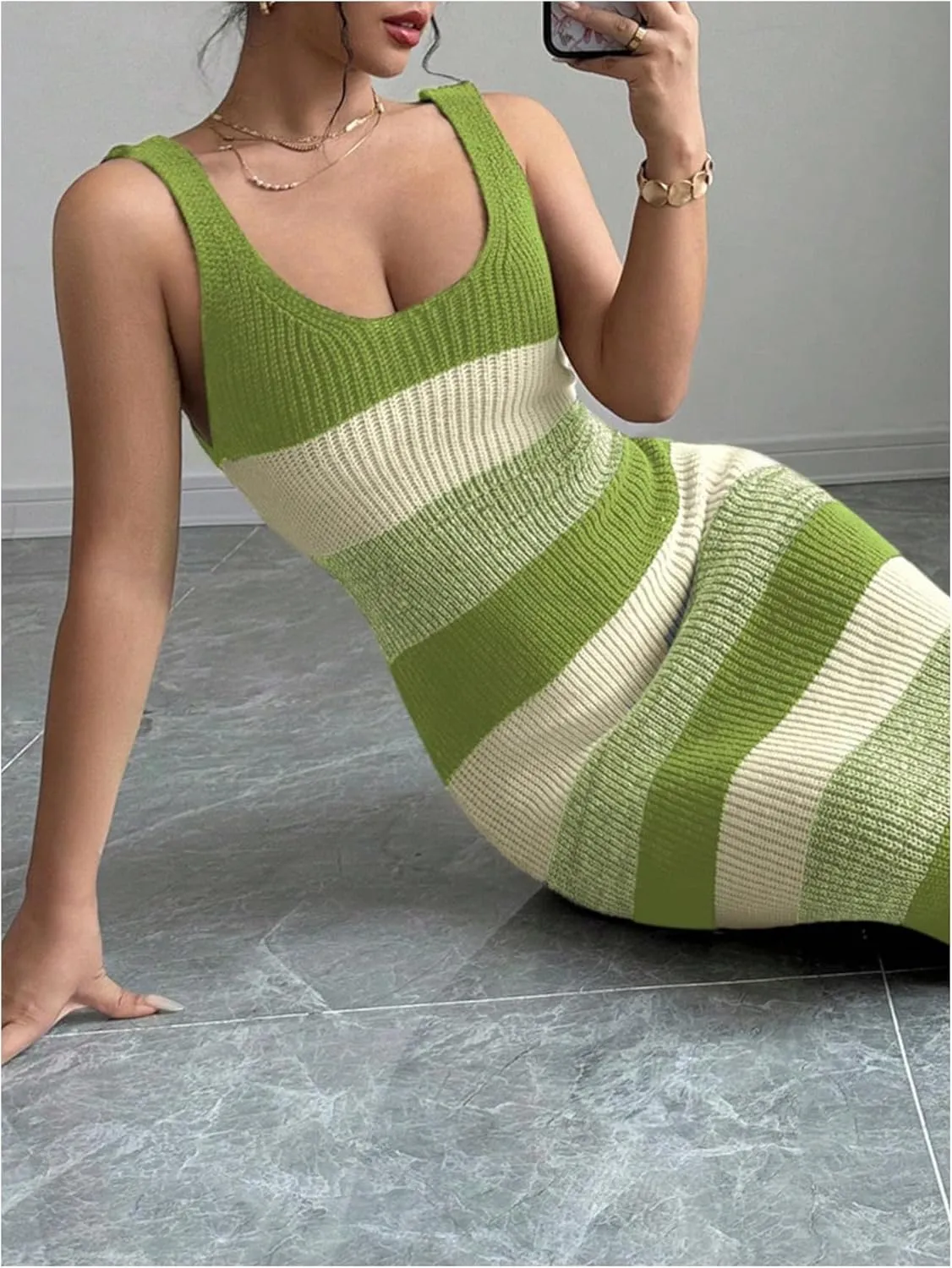 MakeMeChic Women's Colorblock Striped Sweater Dress Scoop Neck Bodycon Tank Maxi Dresses