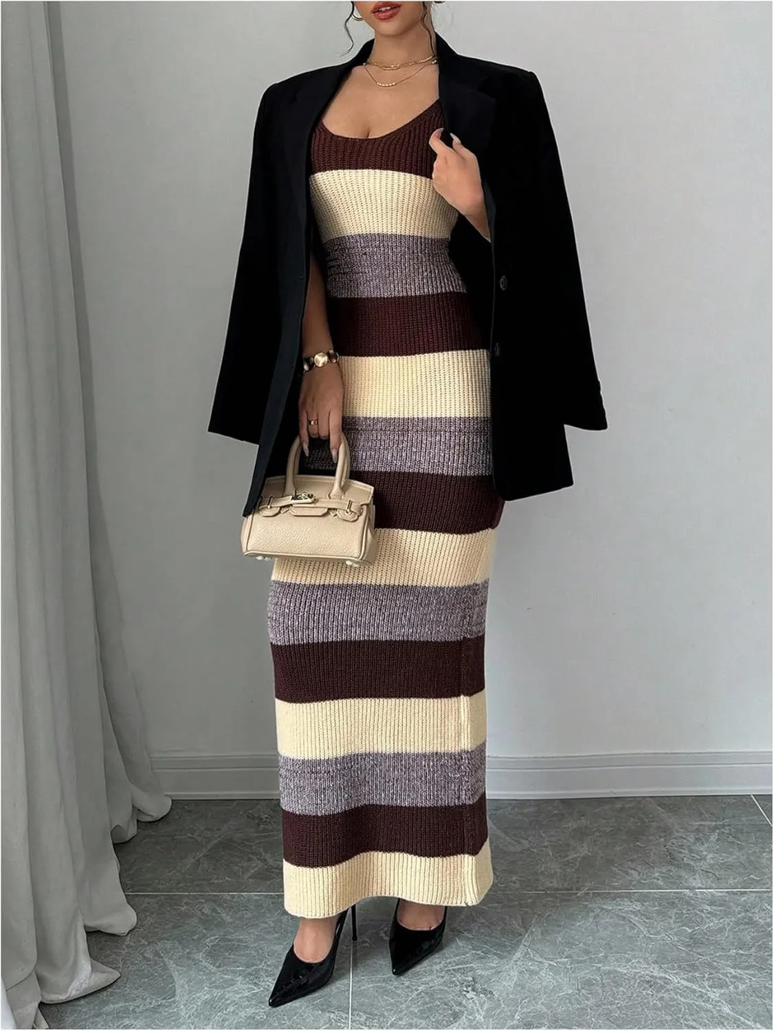 MakeMeChic Women's Colorblock Striped Sweater Dress Scoop Neck Bodycon Tank Maxi Dresses