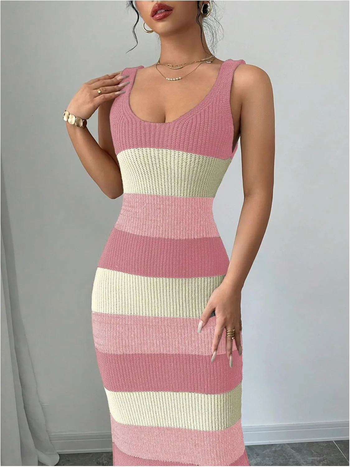 MakeMeChic Women's Colorblock Striped Sweater Dress Scoop Neck Bodycon Tank Maxi Dresses
