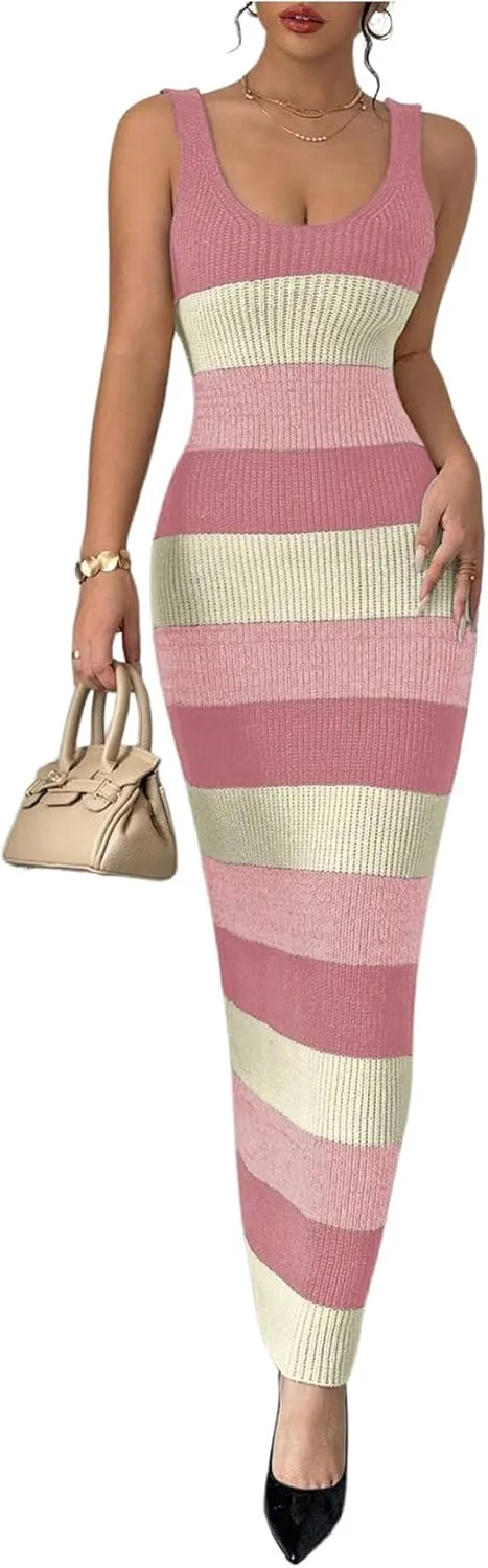 MakeMeChic Women's Colorblock Striped Sweater Dress Scoop Neck Bodycon Tank Maxi Dresses