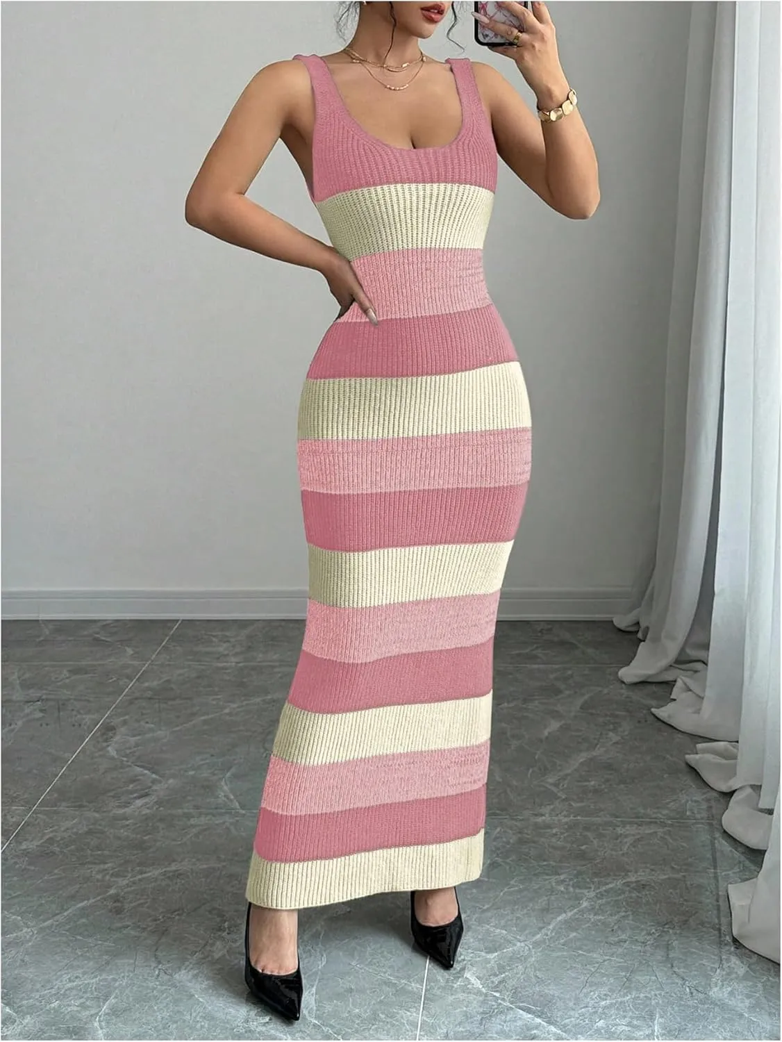 MakeMeChic Women's Colorblock Striped Sweater Dress Scoop Neck Bodycon Tank Maxi Dresses