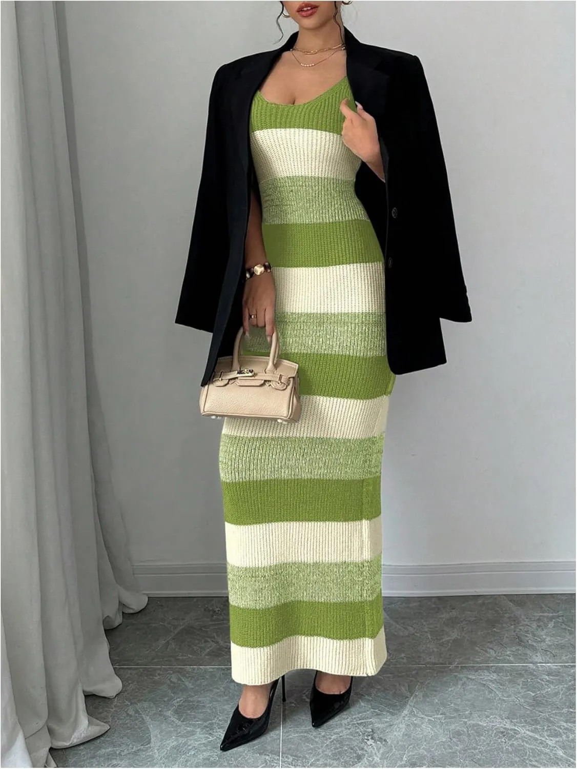 MakeMeChic Women's Colorblock Striped Sweater Dress Scoop Neck Bodycon Tank Maxi Dresses