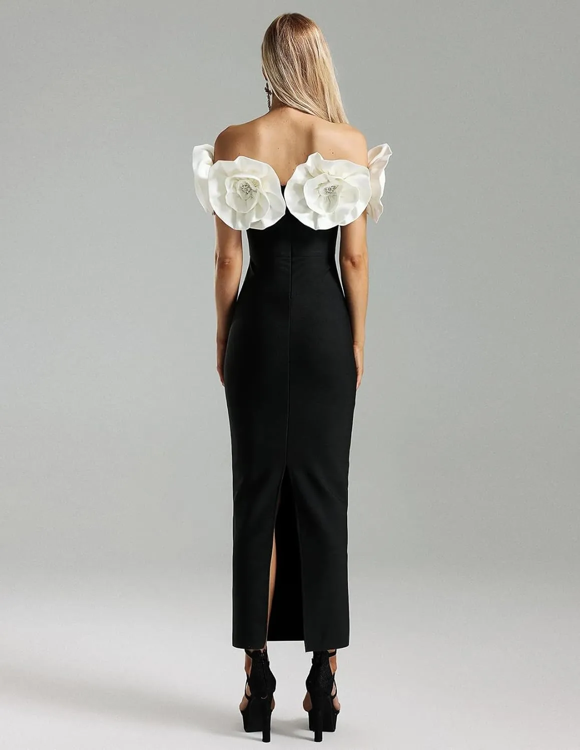 Maxi Black Off The Shoulder Dress Solid Flower Bandage Dress Elegant Bodycon Dress