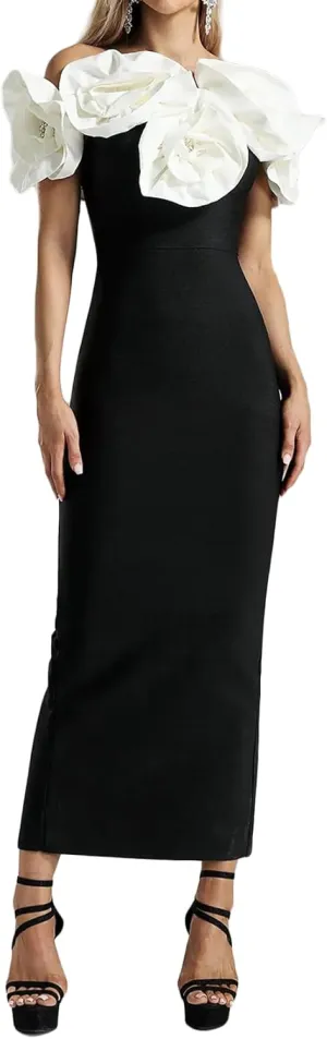 Maxi Black Off The Shoulder Dress Solid Flower Bandage Dress Elegant Bodycon Dress
