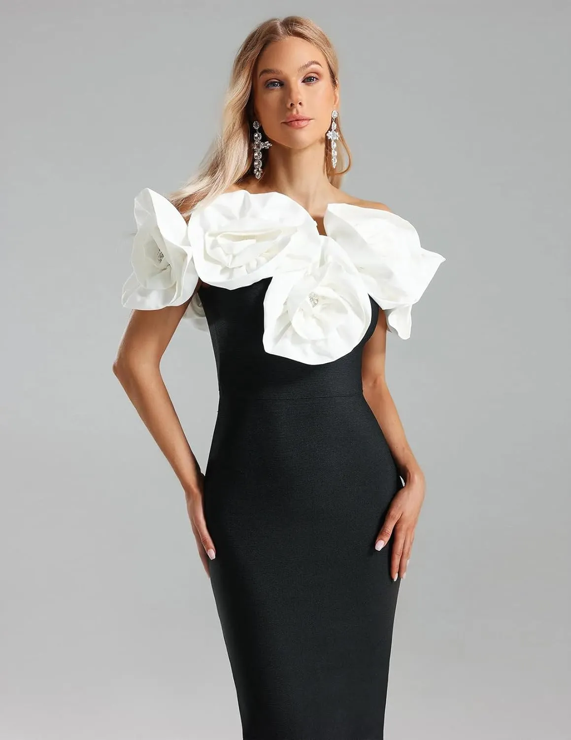 Maxi Black Off The Shoulder Dress Solid Flower Bandage Dress Elegant Bodycon Dress