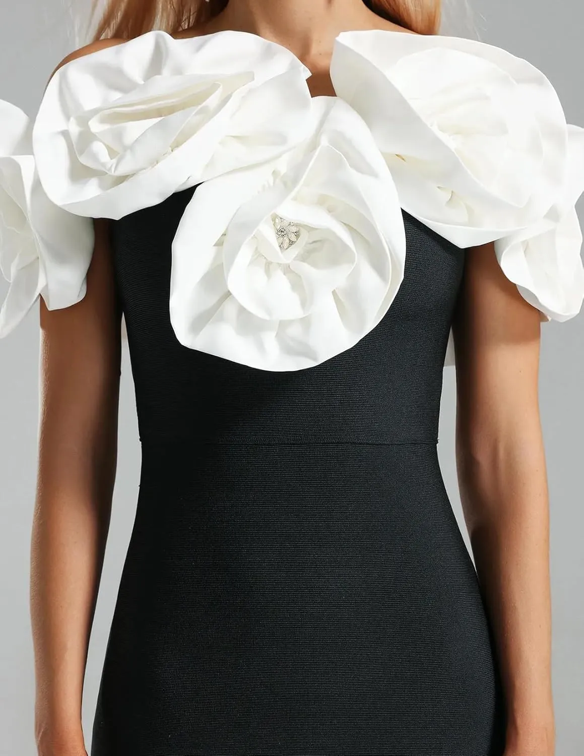 Maxi Black Off The Shoulder Dress Solid Flower Bandage Dress Elegant Bodycon Dress
