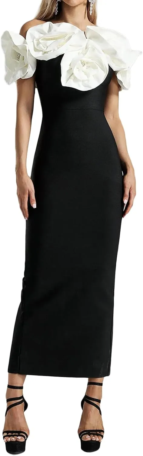 Maxi Black Off The Shoulder Dress Solid Flower Bandage Dress Elegant Bodycon Dress