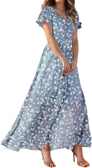 Maxi Dresses for Women Summer Highwaisted Prom Dress Floral Chiffon Flutter Sleeve Boho Dress Vneck Tea Party Dresses