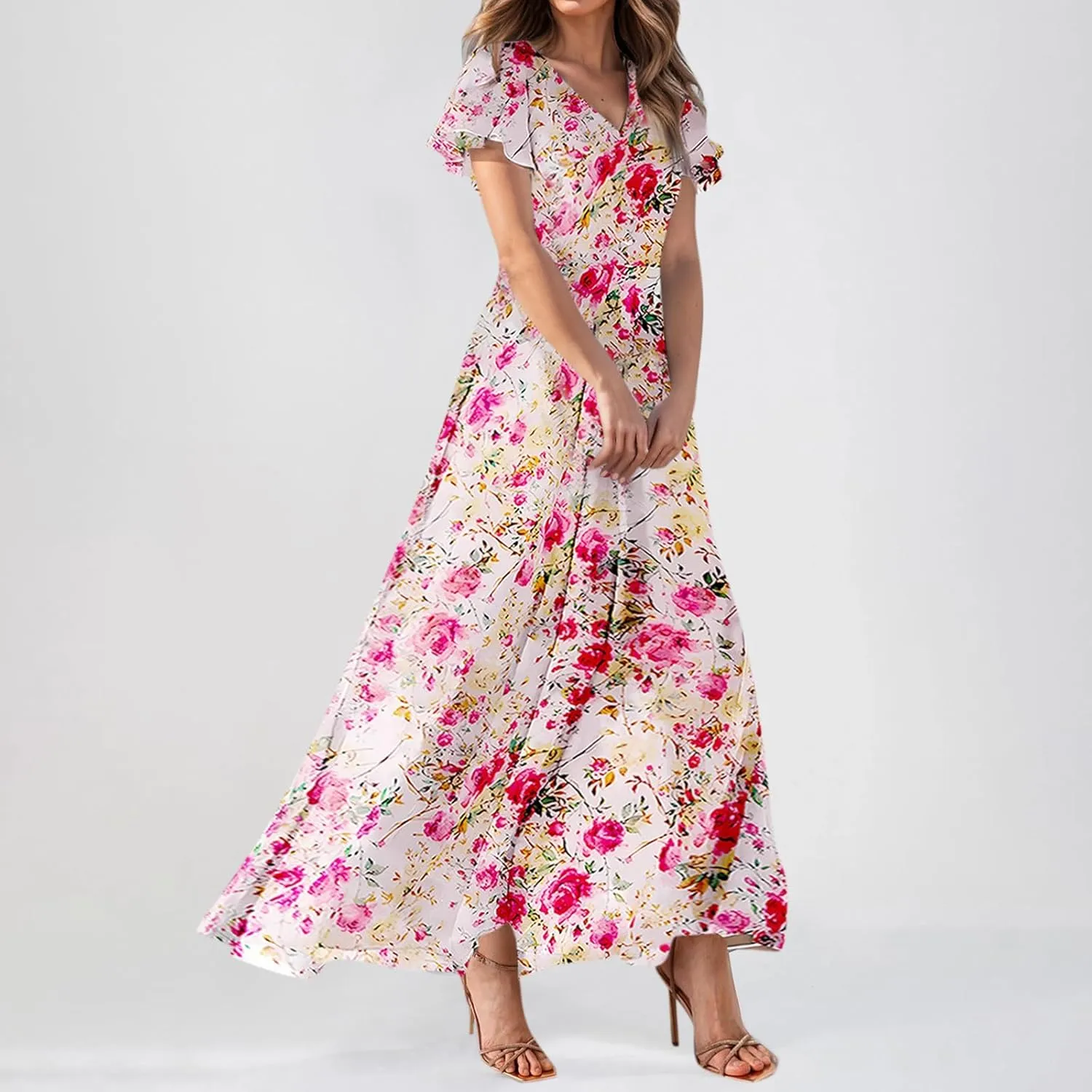 Maxi Dresses for Women Summer Highwaisted Prom Dress Floral Chiffon Flutter Sleeve Boho Dress Vneck Tea Party Dresses