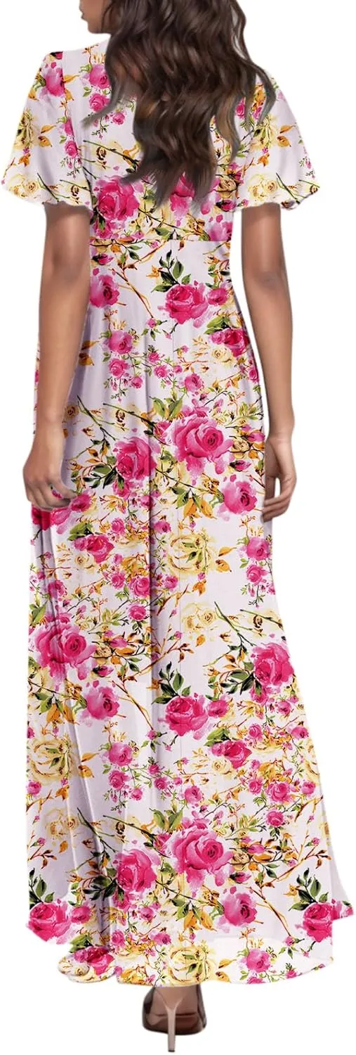 Maxi Dresses for Women Summer Highwaisted Prom Dress Floral Chiffon Flutter Sleeve Boho Dress Vneck Tea Party Dresses